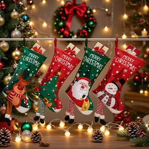 Set of four plush Christmas stockings with 3D legs and Merry Christmas embroidery