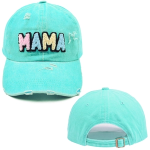 Detailed front and back views of mint green MAMA chenille patch distressed baseball cap