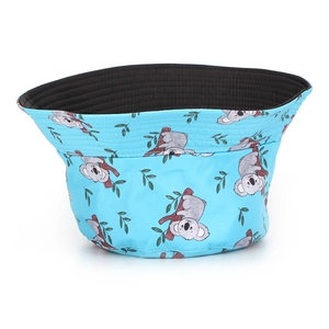 Detail of light blue bucket hat featuring cute koala prints and a black inner lining