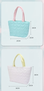 Detailed size comparison of heart-quilted tote bags in 38x29x10cm and 38x36x10cm dimensions