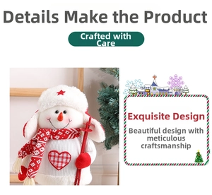 Close-up of a knitted Christmas snowman doll with red star hat and plaid scarf