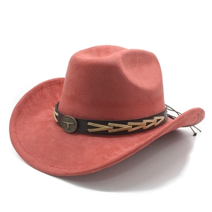 Coral red faux suede western cowboy hat with wide brim and bull head metal emblem decoration