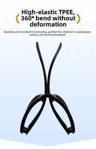 Close-up of flexible black TPEE kids' sunglasses frame showing 360-degree bendability