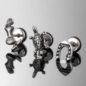 Vintage stainless steel stud earrings set featuring mermaid, sea turtle and horseshoe designs