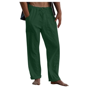 Detail of men's linen yoga pants showing the elastic drawstring waist and pocket design