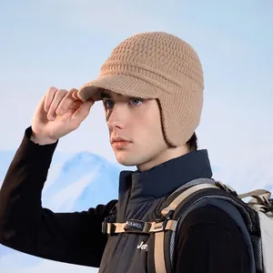 Winter thermal khaki knit beanie hat with ear flaps and sun visor for outdoor riding