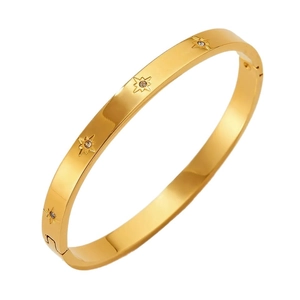 Vintage gold stainless steel bangle with zircon star design on white background