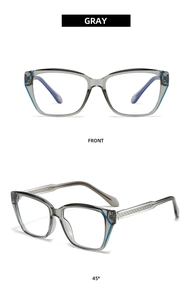 Front and 45-degree views of gray cat-eye anti-blue light glasses with blue accents
