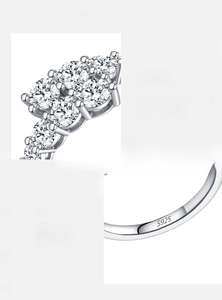 Detailed close-up of S925 sterling silver stamp and D color VVS1 moissanite on ring