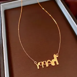 24K gold plated HAPPY letter pendant necklace with a textured sandblast finish