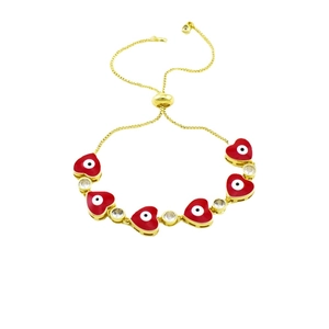 Bracciale dorato regolabile con ciondoli a cuore rosso, malocchio e zirconi