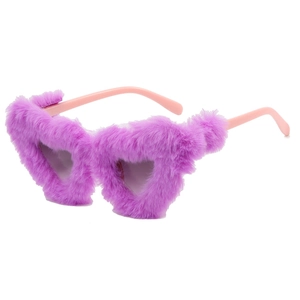 Fuzzy heart-shaped sunglasses with purple faux fur frames and pink temples in retro style