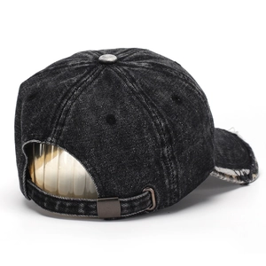 Distressed black washed denim baseball cap with leopard print detail and metal buckle