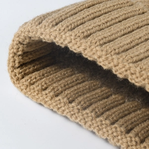 Winter chunky ribbed knit beanie for women in khaki with a soft pom pom and warm lining