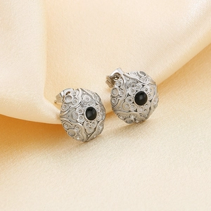 Vintage round stainless steel earrings with hollow floral patterns and black beads