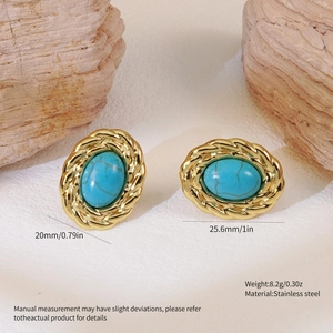 Macro shot of gold oval stud earrings with turquoise inlay and detailed dimensions