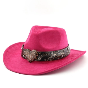 Hot pink western cowboy hat featuring a vintage leather band and rhinestone heart buckle