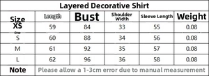 Size chart for tiered chiffon shirt showing length bust shoulder and sleeve measurements