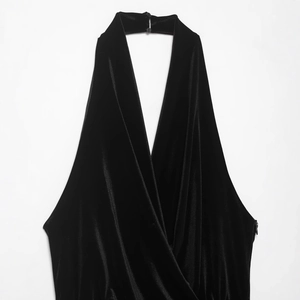 Black velvet halter neck mini dress with stylish fringe and back button closure