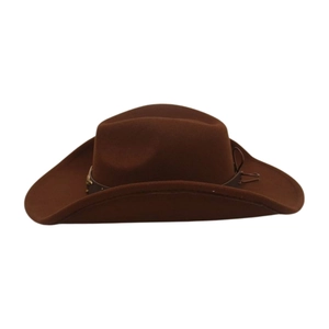 Close-up of the deep brown wool felt western cowboy hat with a thin leather band and metal buckle