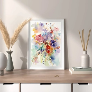 Modern Nordic watercolor abstract floral wall art in a minimalist white frame on a dresser