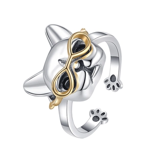 S925 silver French bulldog cat head open ring with gold eye accents on white background
