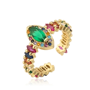 Bohemian style 18K gold plated open ring with marquise green stone and colorful zircons