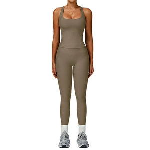 Women's ribbed yoga set with square neck tank top and high waisted leggings in mocha brown