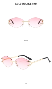 Rimless diamond-cut sunglasses with gold metal temples and pink gradient lenses