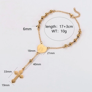 Golden stainless steel rosary bracelet with heart and cross charms and dimensions shown