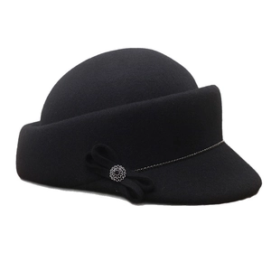 Elegant black wool felt equestrian cap with rhinestone bow and vintage round crown