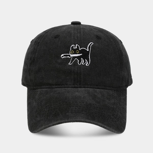 Washed charcoal baseball cap with creative embroidered black cat biting a knife pattern