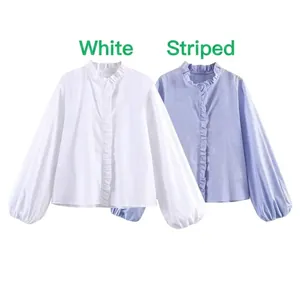 Women Ruffle Long Sleeve Blouse Polyester Stand Collar Lantern Sleeve Elegant Vintage Stripe Solid Shirt Top