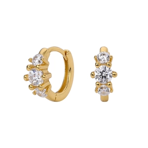 Detailed macro view of gold S925 silver hoop earrings with three inlaid cubic zirconia
