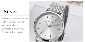 Detail of silver stainless steel mesh strap and minimalist watch face by Hannah Martin