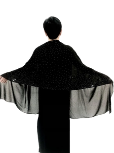 Detailed back view of long black chiffon shawl with sparkling starry rhinestones