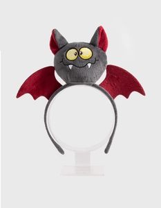 Detail of plush bat headband with soft grey and deep red texture for Halloween party