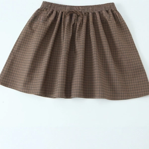 Women's brown checkered mini skirt with elastic drawstring waist on white background