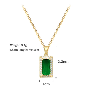 Detailed dimensions of gold necklace with green square pendant and sparkling crystals