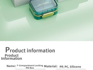Detailed view of dark green 7-compartment pill organizer with golden latch and PP PC material