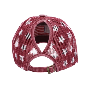 Vintage washed red ponytail baseball cap with American flag stars mesh back and buckle