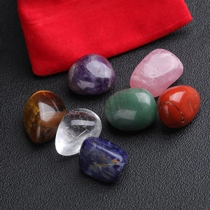 Natural polished crystal set with seven tumbled gemstones and a red velvet gift bag