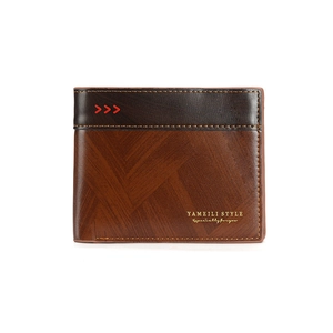 Slim bifold brown leather men's wallet with wood grain pattern and logo on white background
