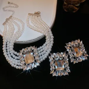 Luxurious multi-layer pearl necklace and square crystal earring set for women
