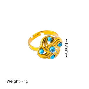 Detailed view of golden ring with turquoise stone inlay including 4g weight and 18mm size specs