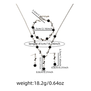 Detailed size specifications for black rose necklace, bracelet and earrings jewelry set