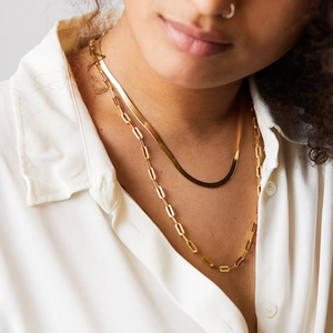 Minimalist 18K gold plated necklace set featuring layered herringbone and paperclip chains