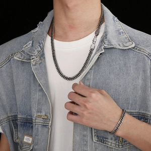 Men's hip-hop Cuban chain necklace and bracelet set in vintage black stainless steel