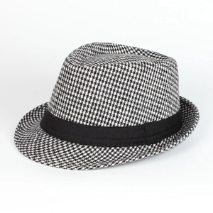 Detailed view of the classic black and white houndstooth fedora with a black ribbon band