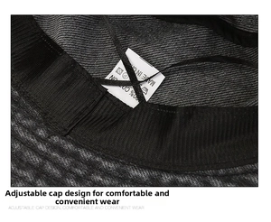 Detail view of cotton denim bucket hat interior with sweatband and adjustable drawstring